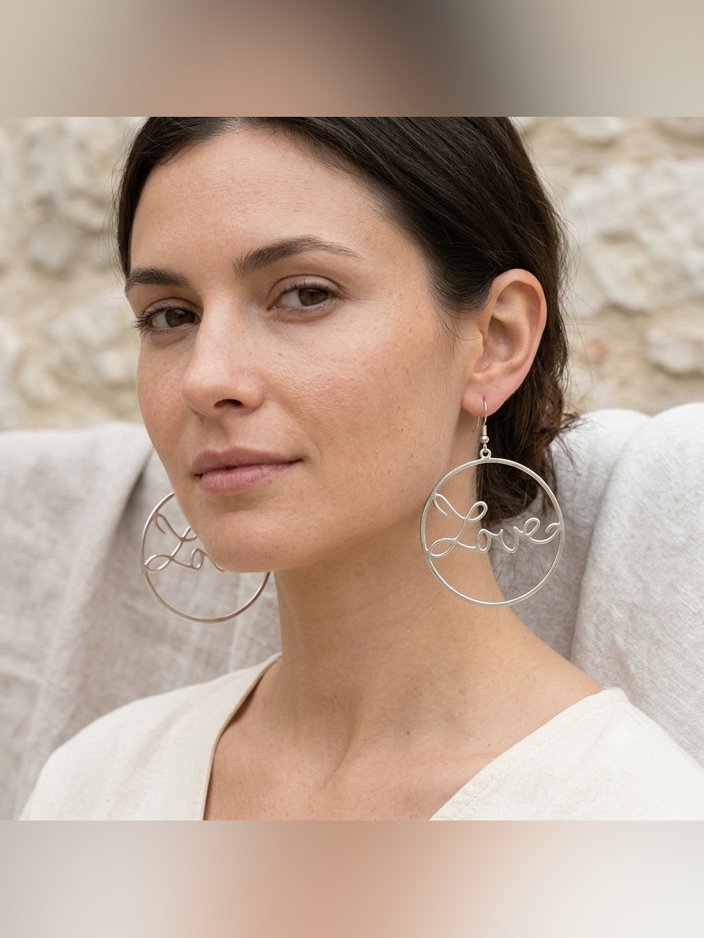 Silver Love Hoop Dangle Earrings